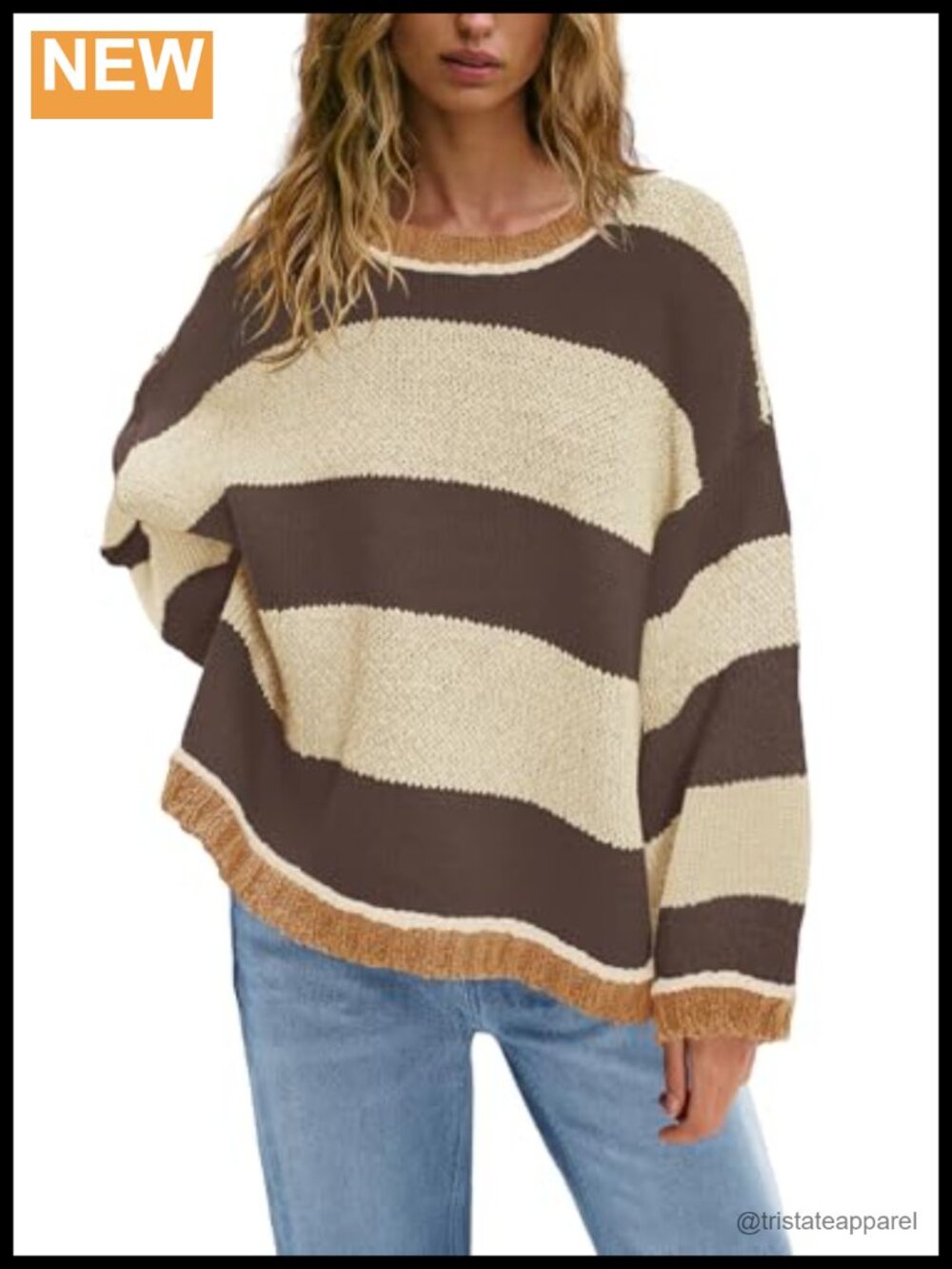Oversized Chunky Cable Knit Crewneck Pullover Sweater Colorblock Striped